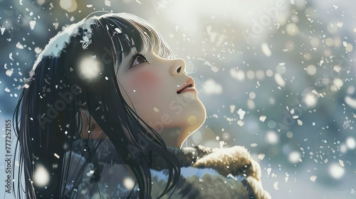 Beautiful asian woman with scarf and snowflakes in winter ai generated art