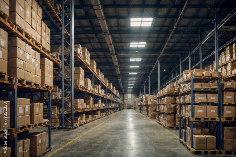 A large warehouse with many boxes stacked on shelves. The boxes are mostly brown and white. Labeling goods in the warehouse for better organization and inventory management A large warehouse with many boxes stacked on shelves. The boxes are mostly brown and white. Labeling goods in the warehouse for better organization and inventory management
