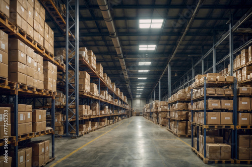 A large warehouse with many boxes stacked on shelves. The boxes are mostly brown and white. Labeling goods in the warehouse for better organization and inventory management © polack