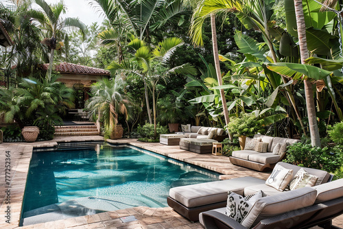 Inviting outdoor seating areas surrounded by tropical plants next to a serene pool.