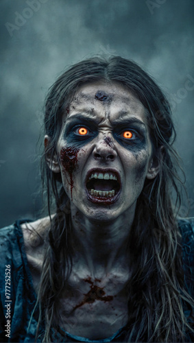 scary angry female zombie with glowing eyes on a dark and misty background