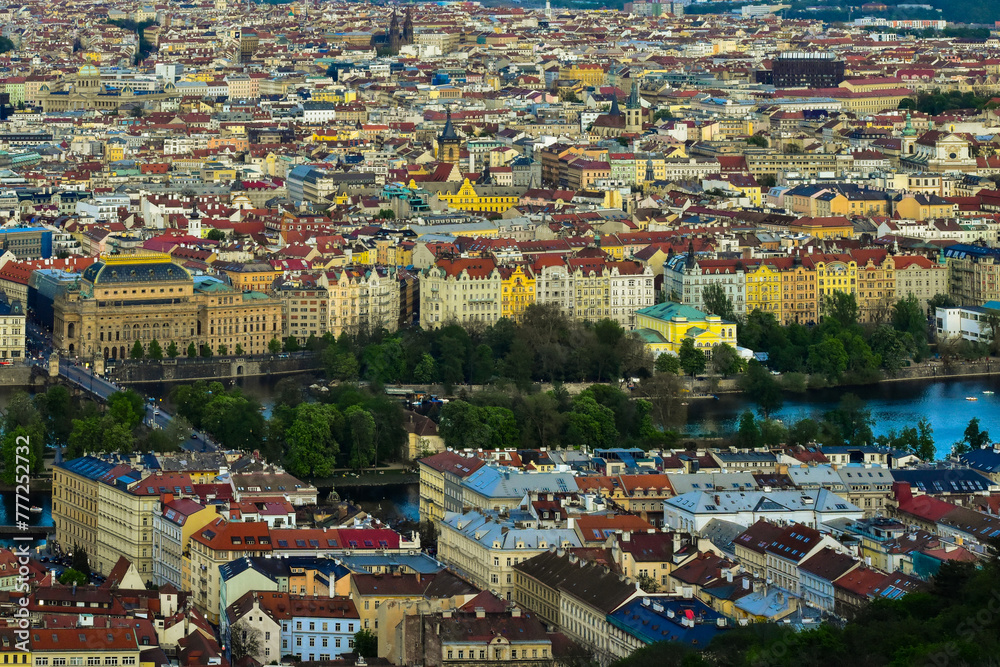 Prague aerial city and river view. Vltava river