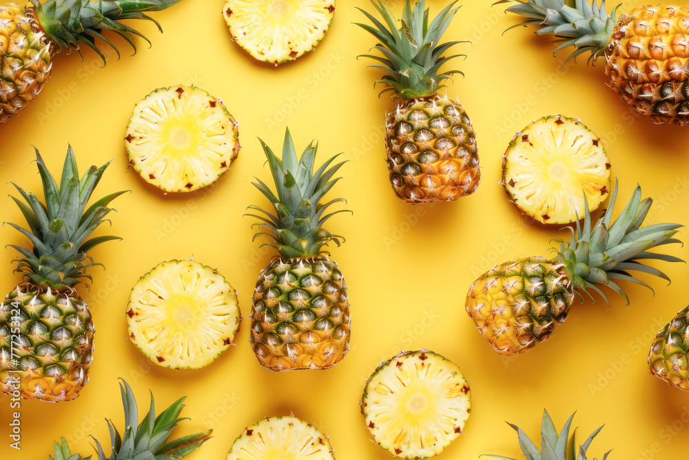 Pineapple Pattern on Yellow Background. A creative and colorful pattern of whole and sliced pineapples arranged alternately against a vibrant yellow background. Pineapple Pattern on Yellow Background. A creative and colorful pattern of whole and sliced pineapples arranged alternately against a vibrant yellow background.