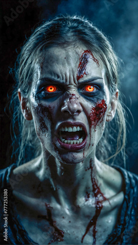 scary angry female zombie with glowing eyes on a dark and misty background