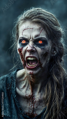 scary angry female zombie with glowing eyes on a dark and misty background