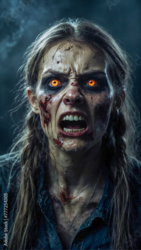scary angry female zombie with glowing eyes on a dark and misty background © The A.I Studio