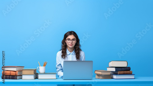 Girl student sitting at a table with a laptop and books