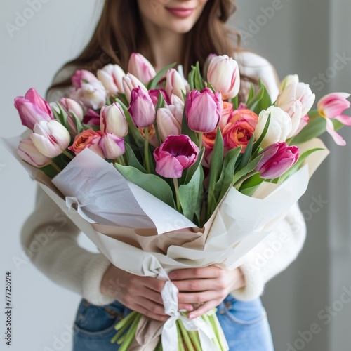 A large bouquet of tulips wrapped into white paper, holded by a young woman