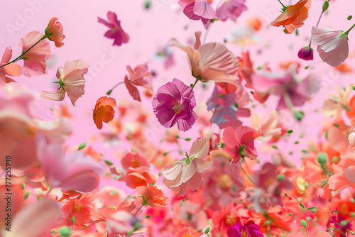 Abstract explosion of many colorful flowers and petals on a uniform background.