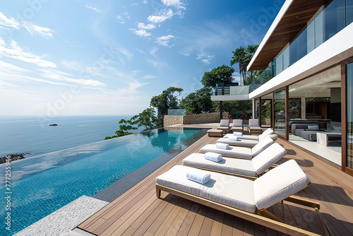 Modern outdoor furniture arranged on a chic deck by a pristine pool. © Arbaz