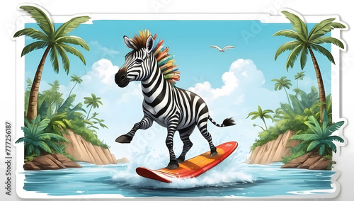 Zebra surfing, sticker, decal, isolated on white background. © mischenko