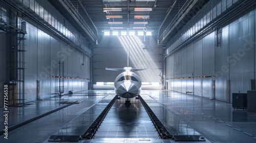 A futuristic wind tunnel facility, where advanced aerodynamic testing pushes the boundaries of aerospace engineering.