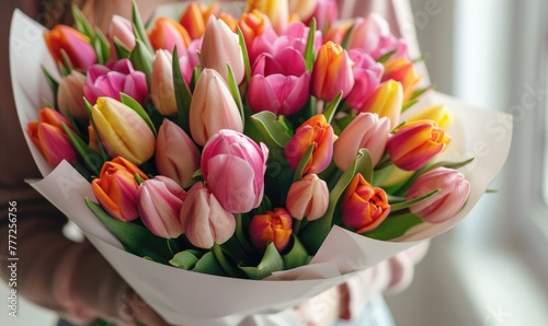 A large bouquet of tulips wrapped into white paper, holded by a young woman