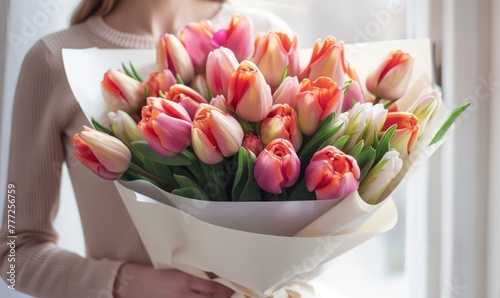 A large bouquet of tulips wrapped into white paper, holded by a young woman
