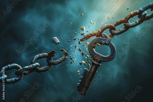 A broken chain breaking away from the key, symbolizing freedom and struggle for happiness on a dark blue background. photo