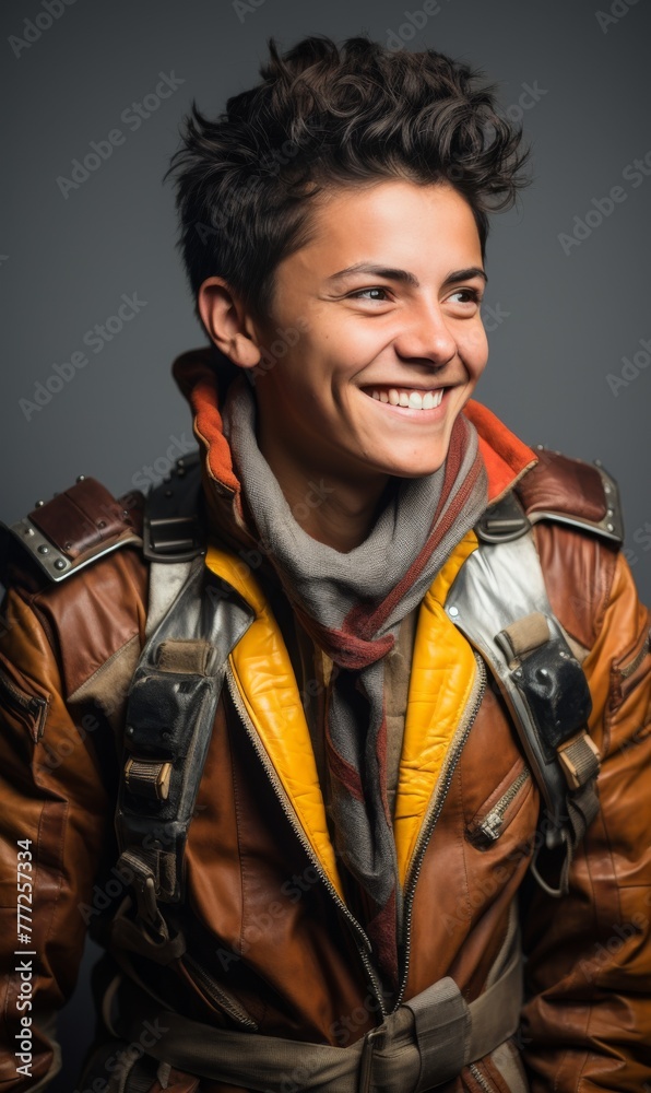 Obraz premium A woman in a leather jacket and scarf is smiling