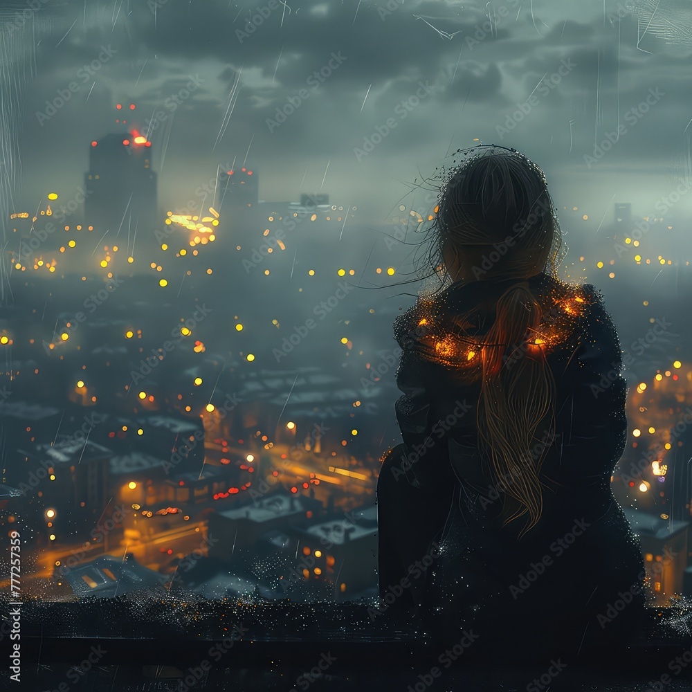 Fototapeta premium A woman is immersed in the atmospheric phenomenon of darkness while sitting on a rock, reading a book in the depths of a dark forest. The landscape is serene and mysterious See Less