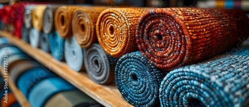 Assortment of Rolled Carpets on Display in a Home Decor Store. Concept Home Decor, Interior Design, Carpets, Display, Store Display photo