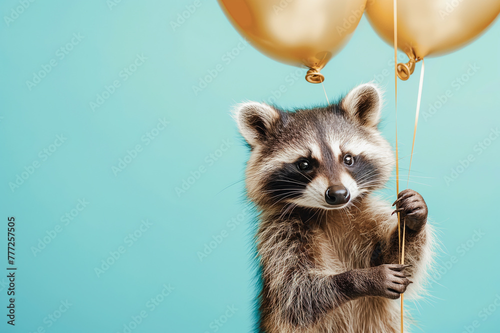 Fototapeta premium Cute Raccoon animal holding a bunch of golden balloons on a bright blue pastel background. Birthday party vibes, vibrant colors.
