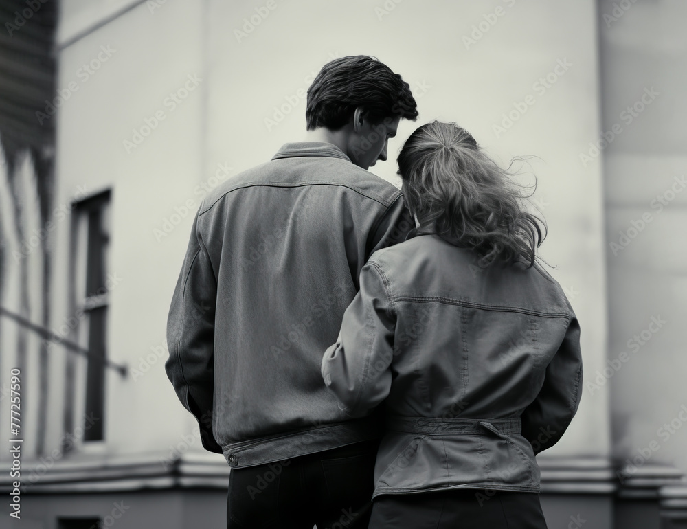 Young hugging couple in casual clothes, man and woman, rear view, against the background of an old building. Black and white Photography in retro style. AI generated. Young hugging couple in casual clothes, man and woman, rear view, against the background of an old building. Black and white Photography in retro style. AI generated.