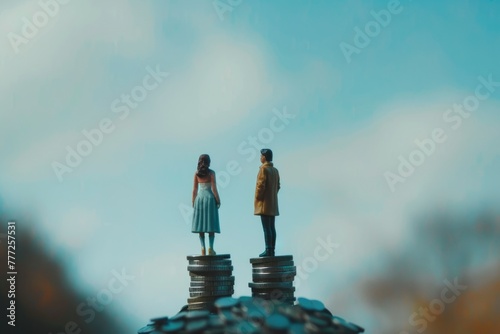 gender gap  difference income between man and woman  miniature man and woman stand on coin stacks photo