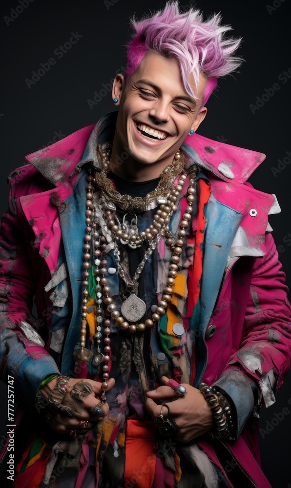 A man with pink hair and a pink jacket is wearing a lot of jewelry