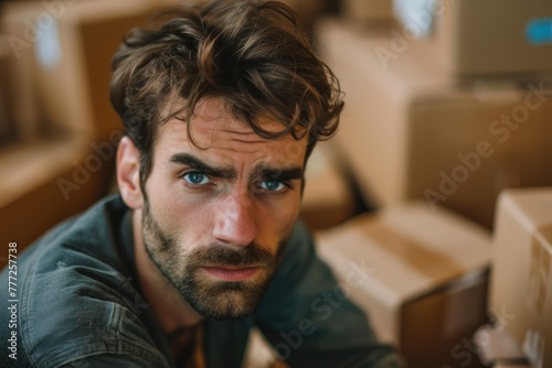 Close up of a tired man's face looking tensely at the camera, with cardboard boxes in the background, emphasizing the concept of moving, difficulties of change, new chapter and perspective. photo
