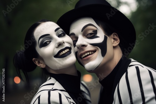 Couple of joyful mimes of a man and a woman in the park. photo