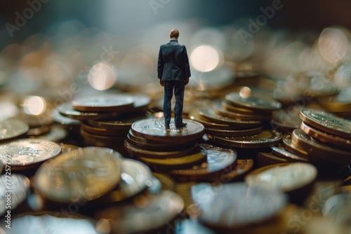 Miniature business man standing on a pile of coins. Inequality the gap between the rich and poor.