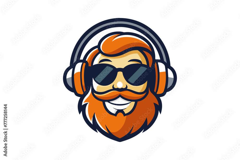 A music company Logo: a smiling dude with orange beard and sunglasses and headphones, ink style, white background A music company Logo: a smiling dude with orange beard and sunglasses and headphones, ink style, white background