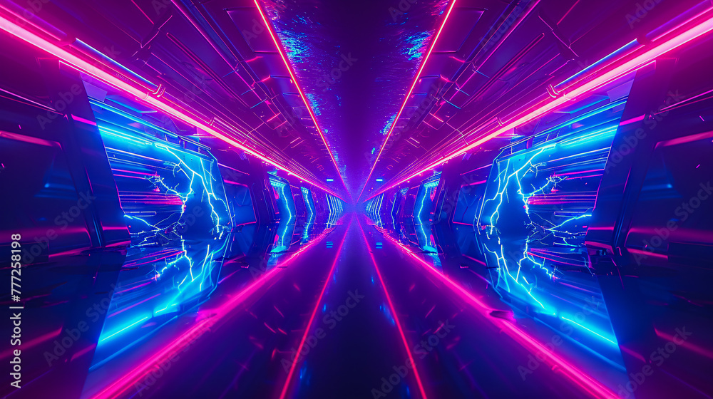 Futuristic tunnel with neon lights, a journey through time and space Futuristic tunnel with neon lights, a journey through time and space
