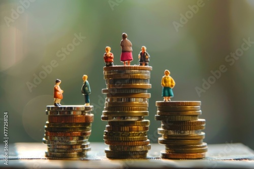 Miniature people on coins depict social class and inequality.