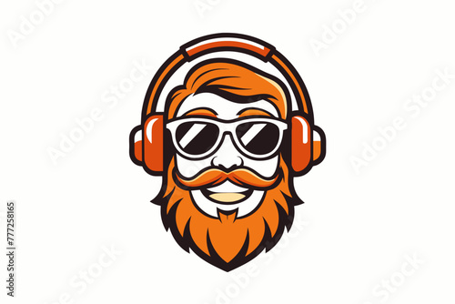 A music company Logo: a smiling dude with orange beard and sunglasses and headphones, ink style, white background