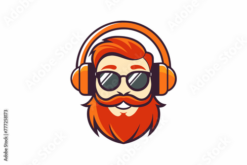 A music company Logo: a smiling dude with orange beard and sunglasses and headphones, ink style, white background