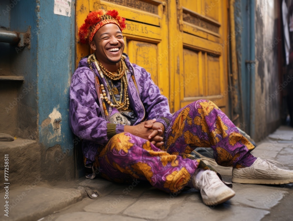 Man Sitting in Front of Yellow Door