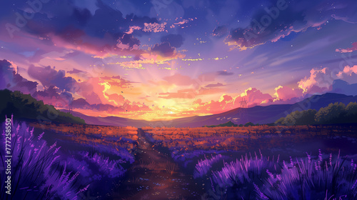 A digital watercolor style painting of an endless field under a purple sky, with bright light at sunrise, and a road with lavender plants growing on both sides.