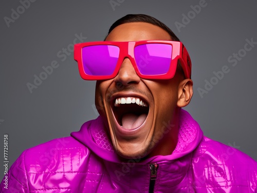 Man in a Purple Jacket and Pink Sunglasses