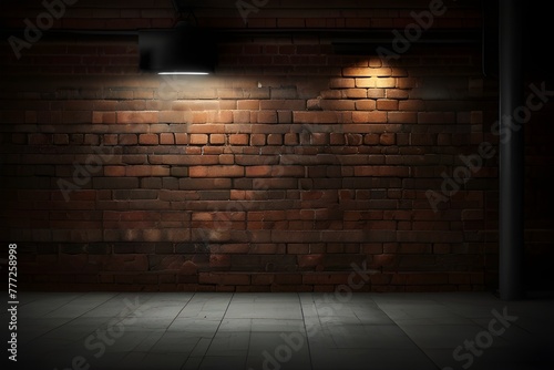 Hanging spotlight illuminate at brick wall background with copy space Generative AI