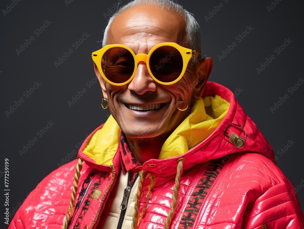 Man Wearing Yellow Sunglasses and Red Jacket Man Wearing Yellow Sunglasses and Red Jacket