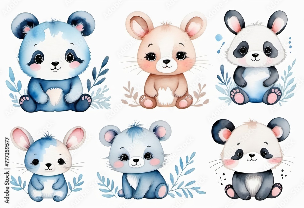 Watercolor drawing of teddy bears, children's illustration, print, template, on white background.