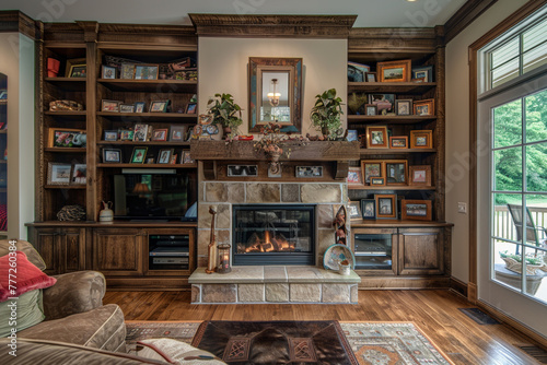 Family lounge with fireplace and shelves filled with keepsakes.