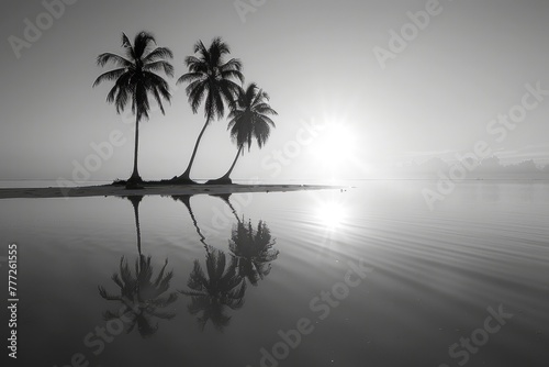 Monochrome sunrise, palms reflection, calm waters, serene tropical morning, peaceful solitude.