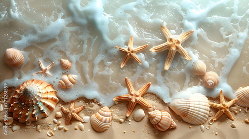 Seashells on a summer beach. Soft Wave Of Blue Ocean On Sandy Beach. Background. © W.O.W