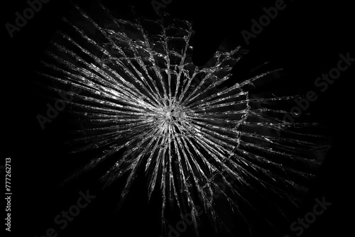 Broken glass. Cracked window texture realistic destruction hole in damaged glass. Vector realistic shattered glass template in Black