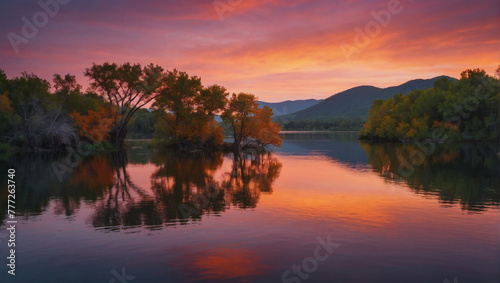 Vibrant hues of orange and pink reflecting on a tranquil body of water  showcasing the beauty of a peaceful evening.
