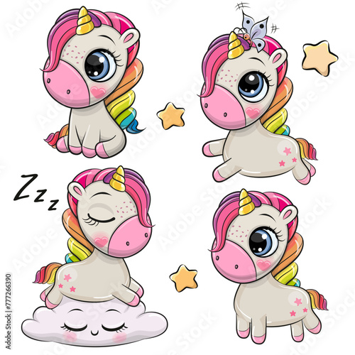 Set of Cute Cartoon Unicorns on a white background