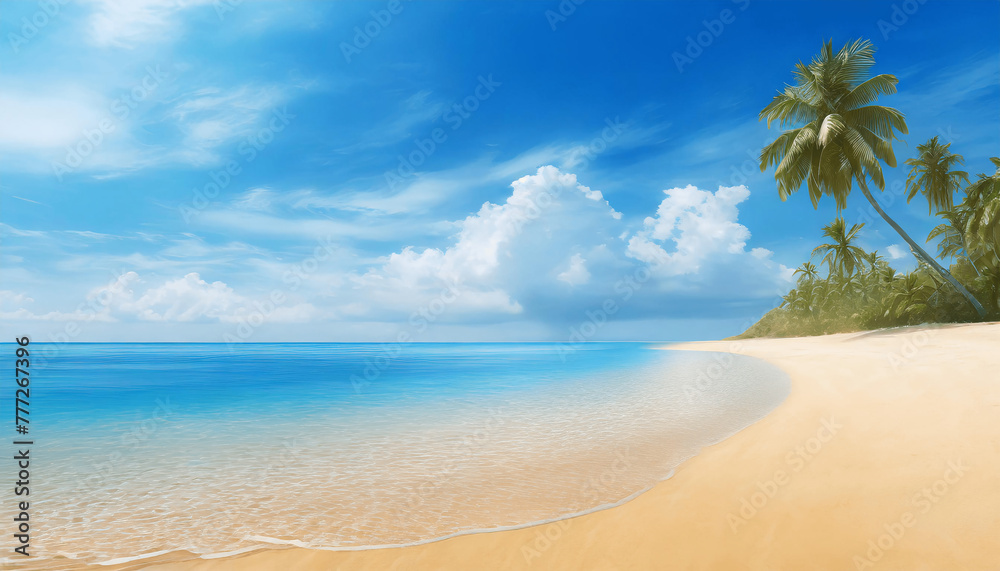beach with palm trees. Tropical beach with golden sand, turquoise ocean and blue sky with white clouds