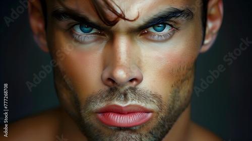 serious intense male model close-up with striking blue eyes and tousled hair, posing for camera