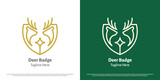 Deer badge logo design illustration. Silhouette badge emblem mark guard shield reindeer doe ruminant antelope zoo safari animal wildlife crest royal hunter club. Simple minimal minimalist palace.