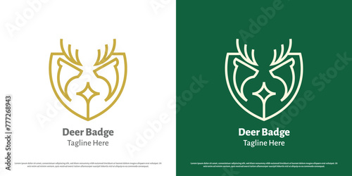 Deer badge logo design illustration. Silhouette badge emblem mark guard shield reindeer doe ruminant antelope zoo safari animal wildlife crest royal hunter club. Simple minimal minimalist palace.